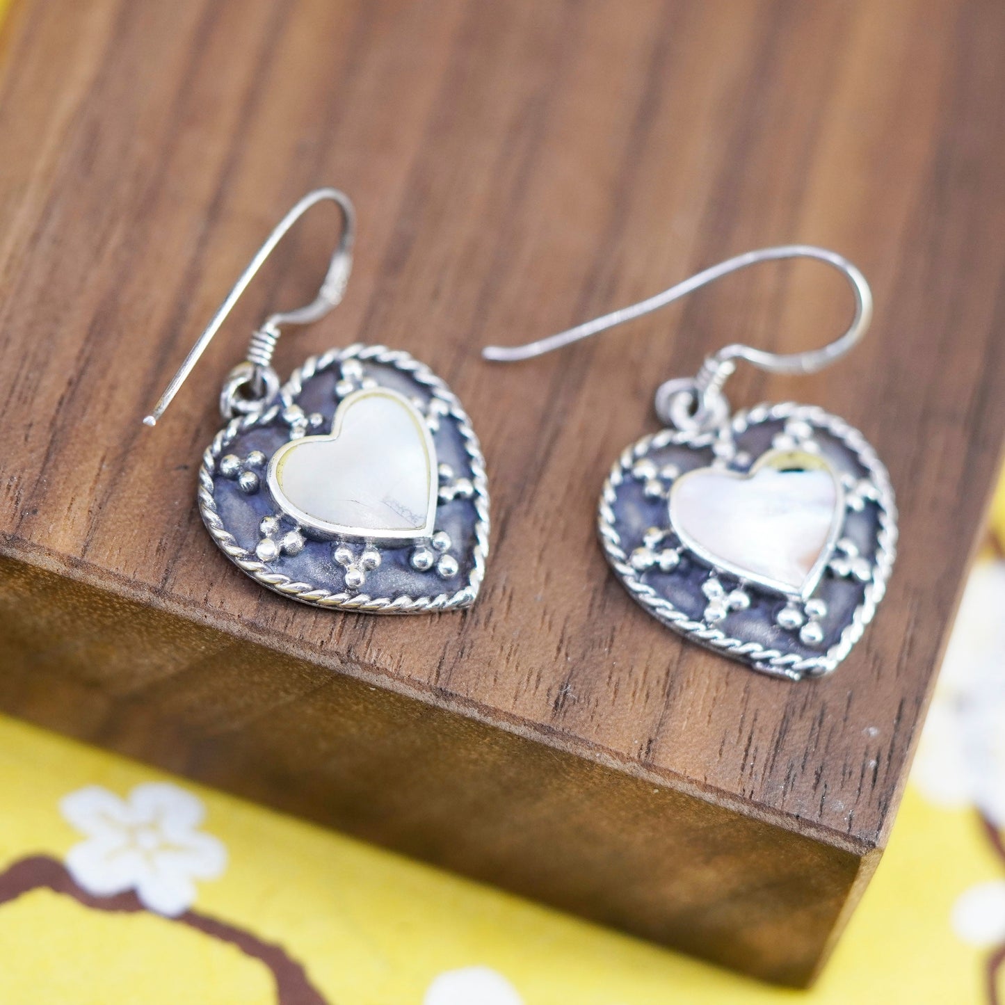 VTG Sterling 925 silver handmade earrings with heart mother of pearl and beads