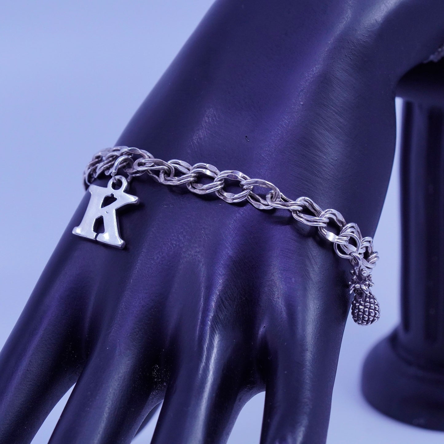 7.5”, Sterling 925 silver bracelet, curb chain K pineapple riding boot charms