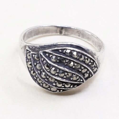 Sz 7, Vtg Sterling Silver Handmade Ring, 925 Silver Band marcasite details