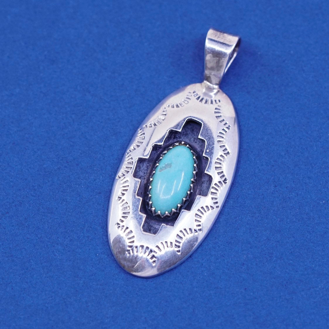 Native American Navajo Sterling silver handmade pendant, 925 w/ oval turquoise