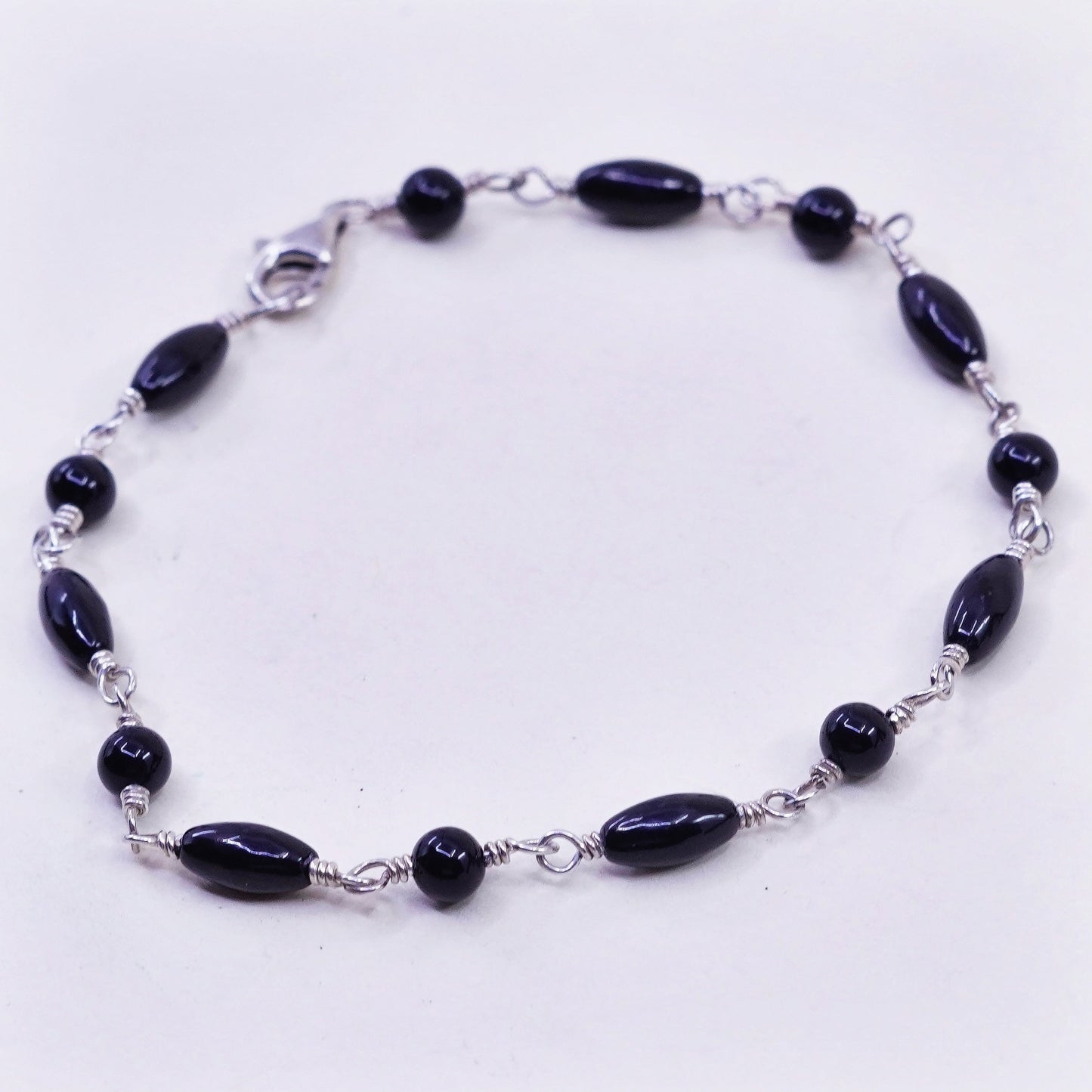7.25”, Vintage Sterling 925 silver bracelet with obsidian link chain