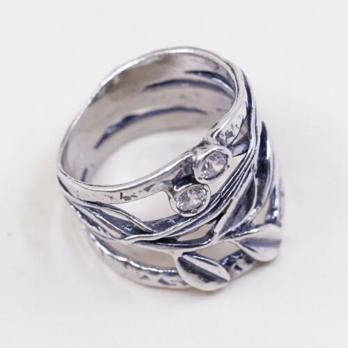 Sz 7, Vtg Israel Sterling Silver Handmade Ring, 925 Leaves Band W Cz