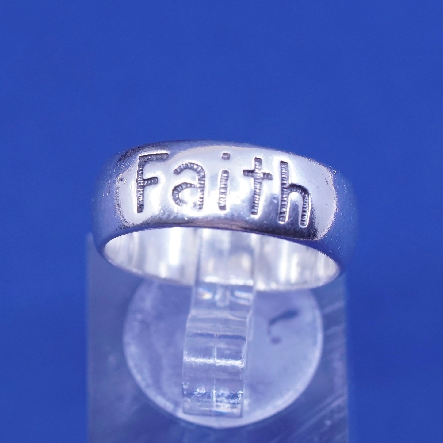 Size 7, vtg shube sterling silver handmade ring, 925 band with faith embossed