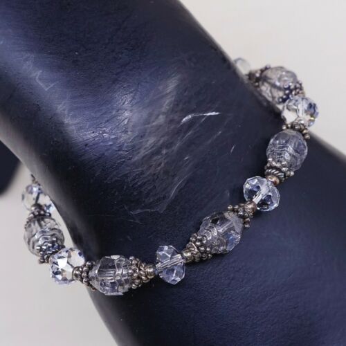 6.5”, Vtg Sterling Silver Handmade Bracelet 925 Bali W/ Swarovski Crystal Beads