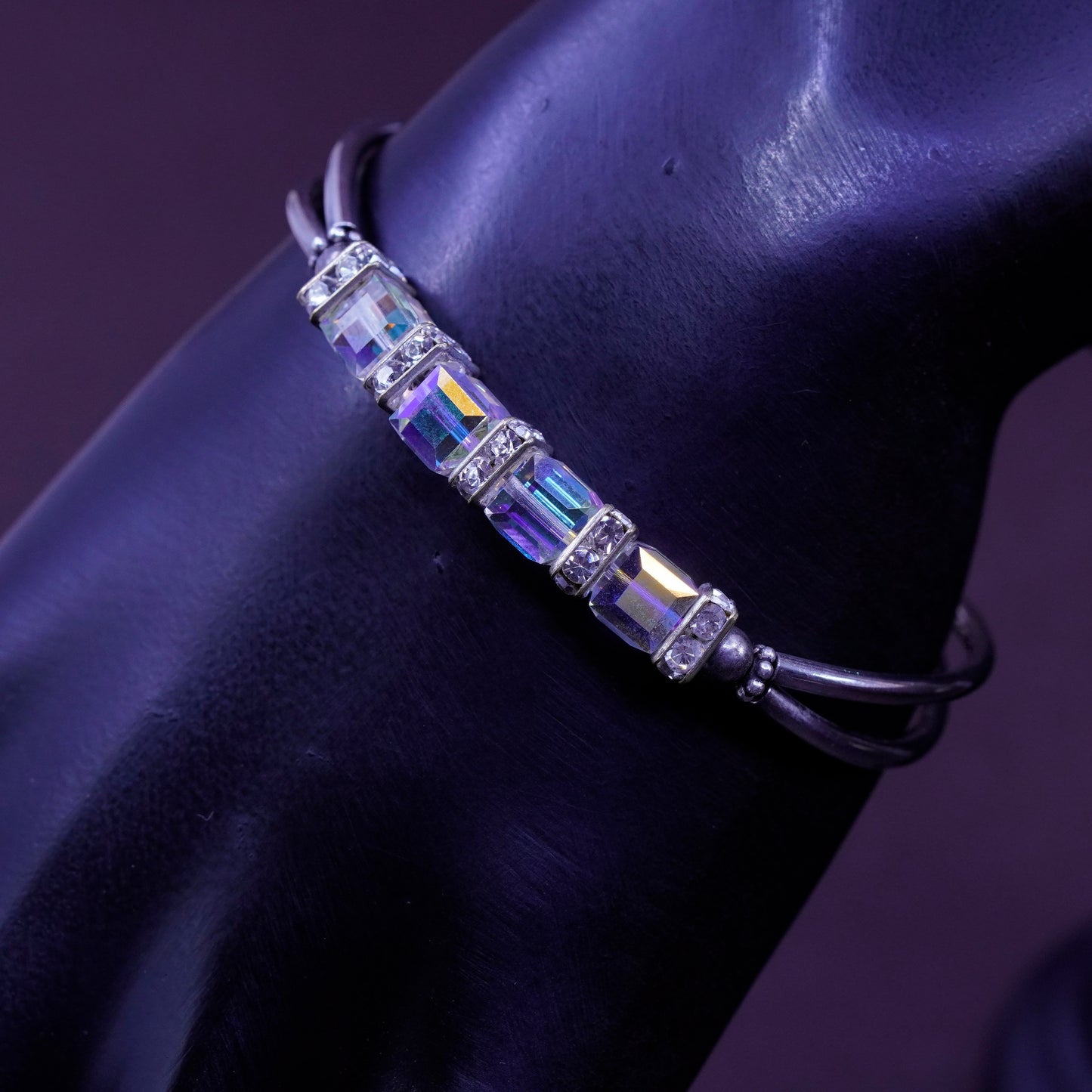 6”, vtg Sterling silver handmade beads bracelet, 925 bar with crystal and cz