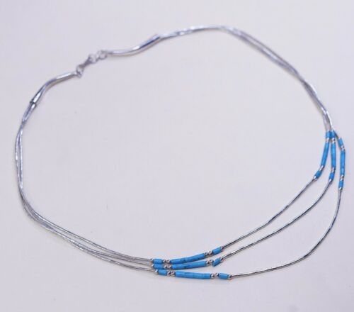 16”, Vtg Sterling silver handmade necklace, 925 Liquid Silver W/ Turquoise Beads