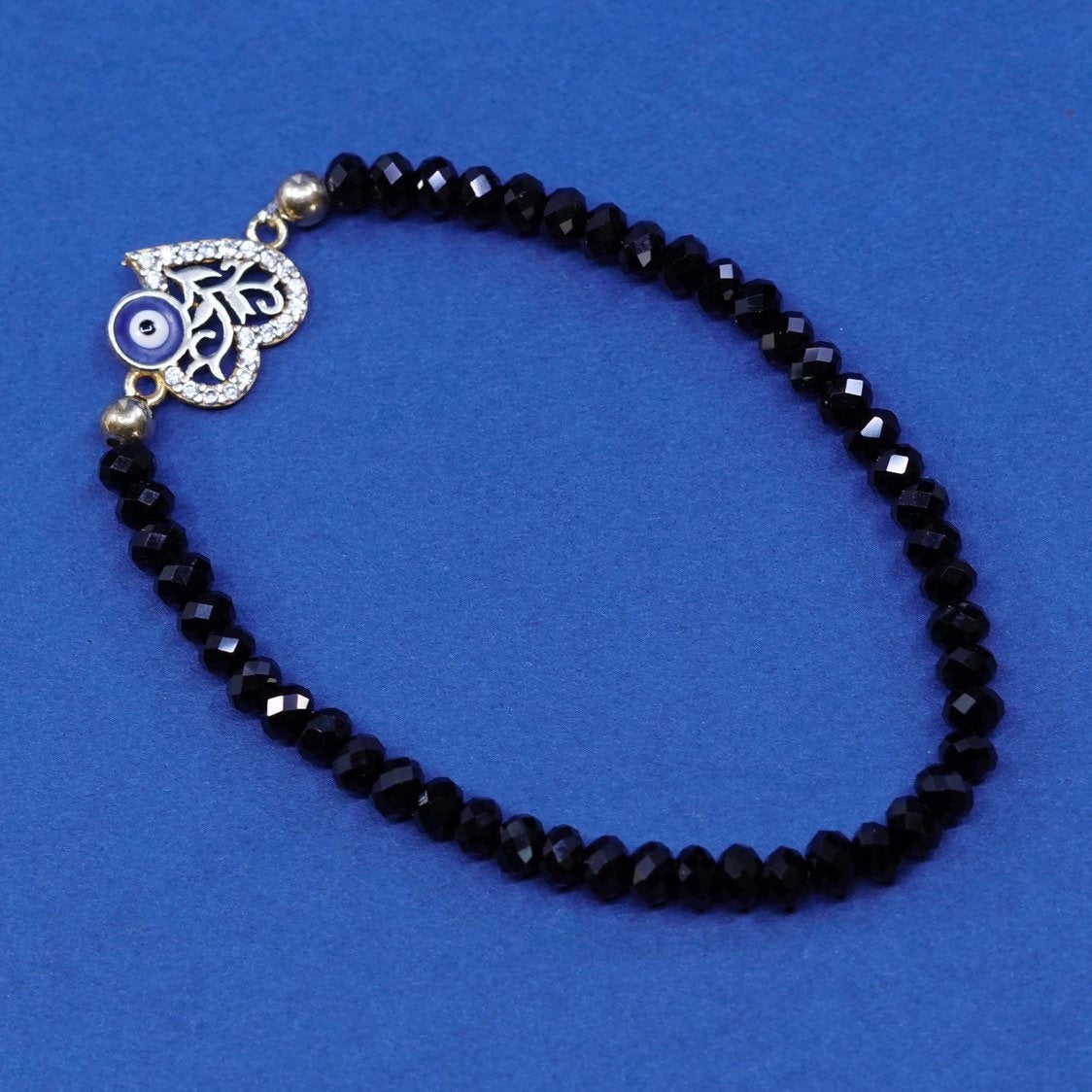 6.5" gold over Sterling silver bracelet, 925 heart w/ obsidian beads N evil eye