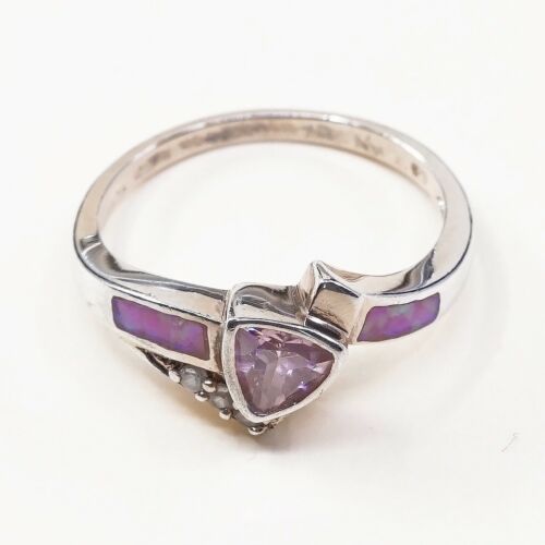 Sz 7.25, Vtg Sterling 925 Silver Ring W/ Pink Heart Cz N Opal Inlay, Stamped 925
