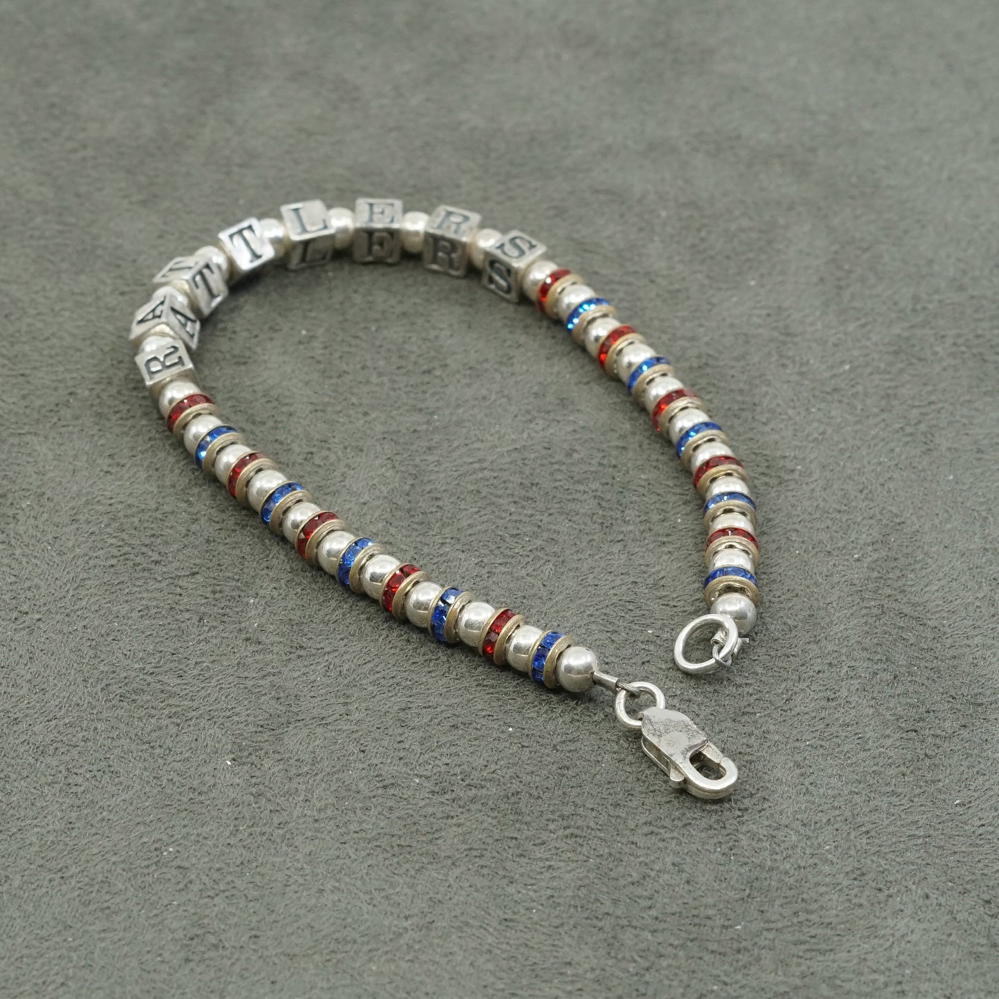 7", vtg Sterling 925 silver chain, ruby N crystal beads bracelet w/ rattlers