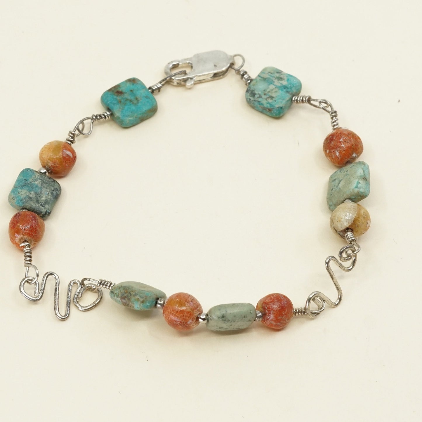 7.25", VTG Sterling silver handmade bracelet, Mexico 925 w/ turquoise N coral