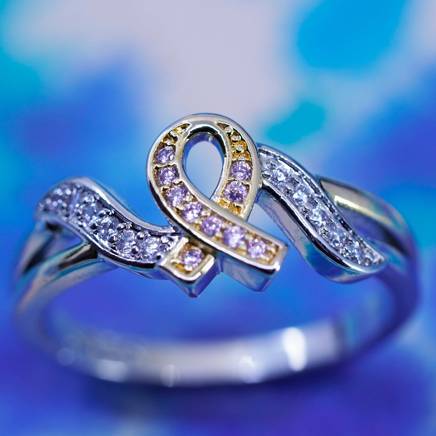 Size 8.5, two tone rose gold, Sterling 925 silver breast cancer ribbon ring