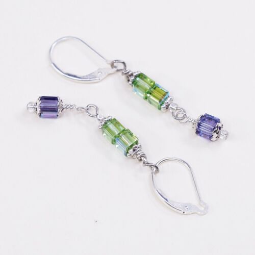 Vtg STERLING 925 SILVER Handmade earrings with Green Crystal dangles