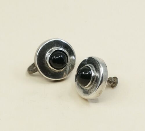 Vtg Sterling 925 Silver Handmade Screw Back Earrings With obsidian