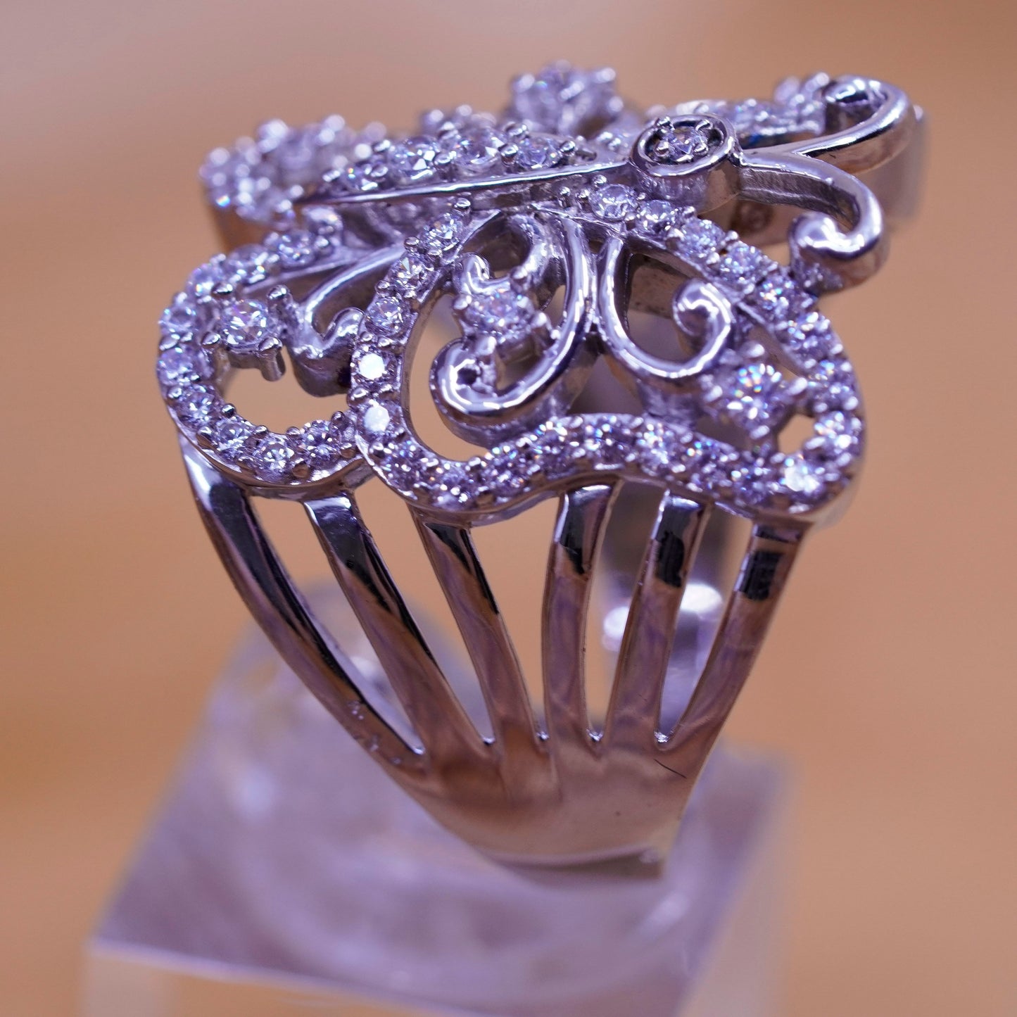 Size 10, vintage SJD Sterling silver ring, 925 butterfly with cluster Cz