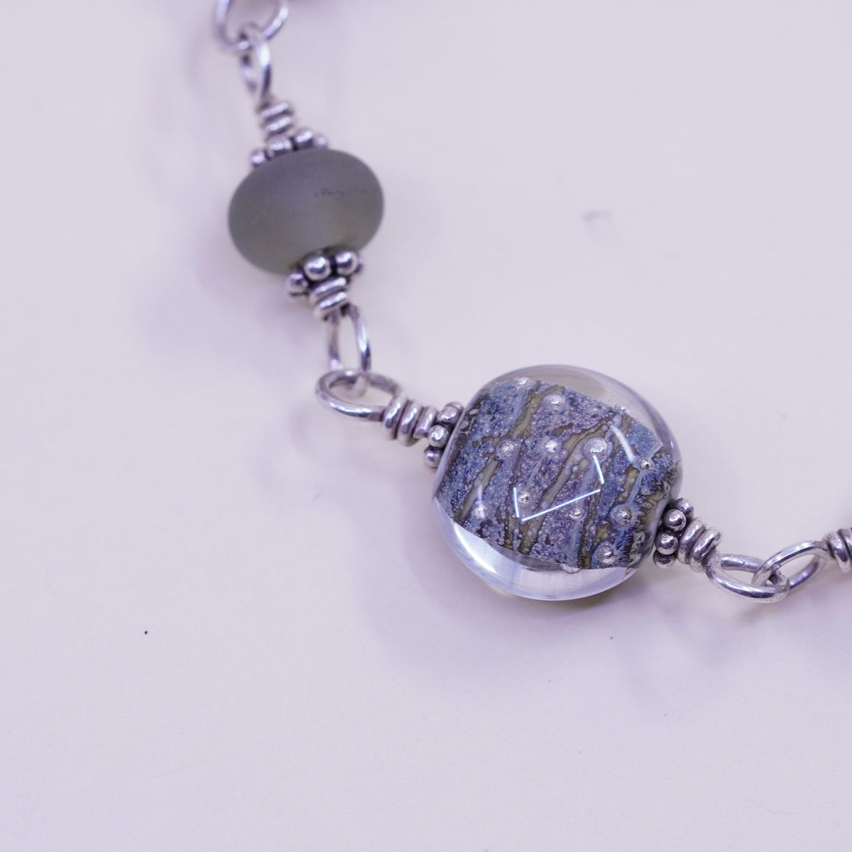 7.25”, vintage 925 Sterling 925 silver beads bracelet with artisan foiled glass