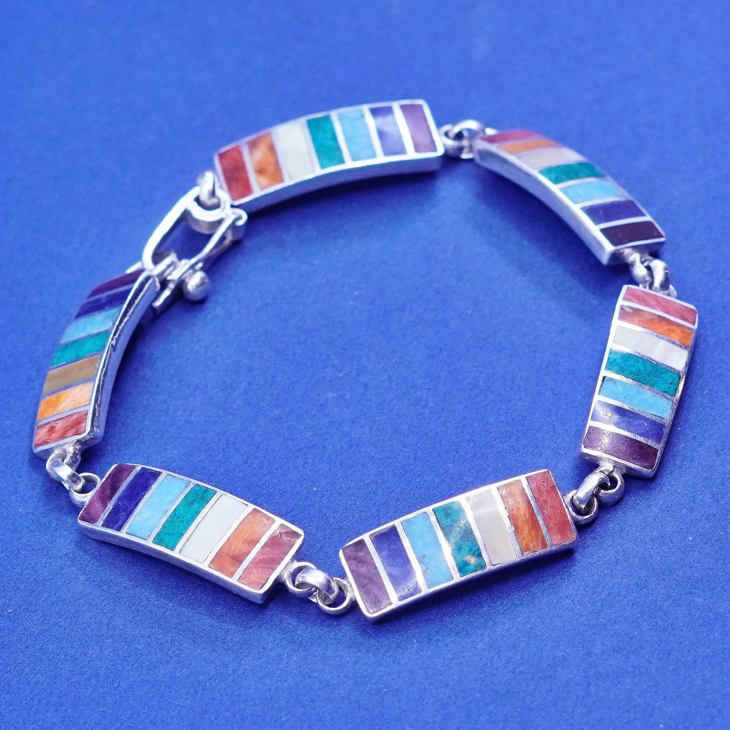 6.75”, vintage Peruvian Sterling silver handmade bracelet, Inca chakra 950 bar
