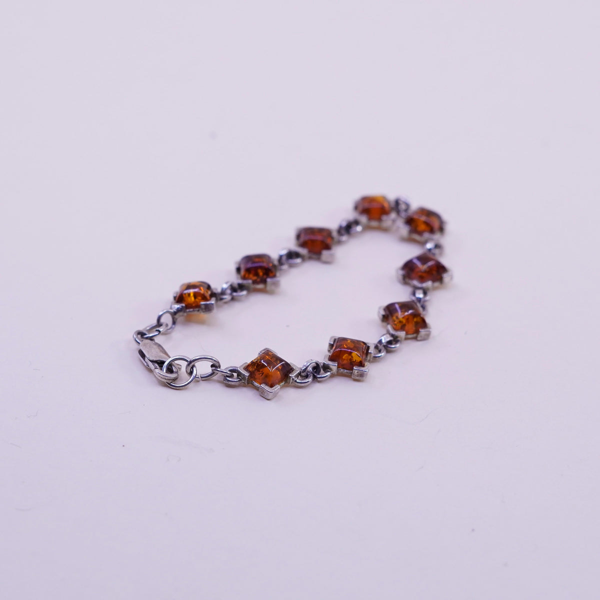 6.5”, Vintage sterling 925 silver handmade tennis bracelet with square amber