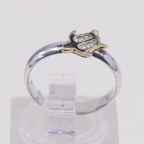Sz 4, PCU Two Tone 14K Gold Turtle Sterling Silver Handmade Ring 925 Open Band