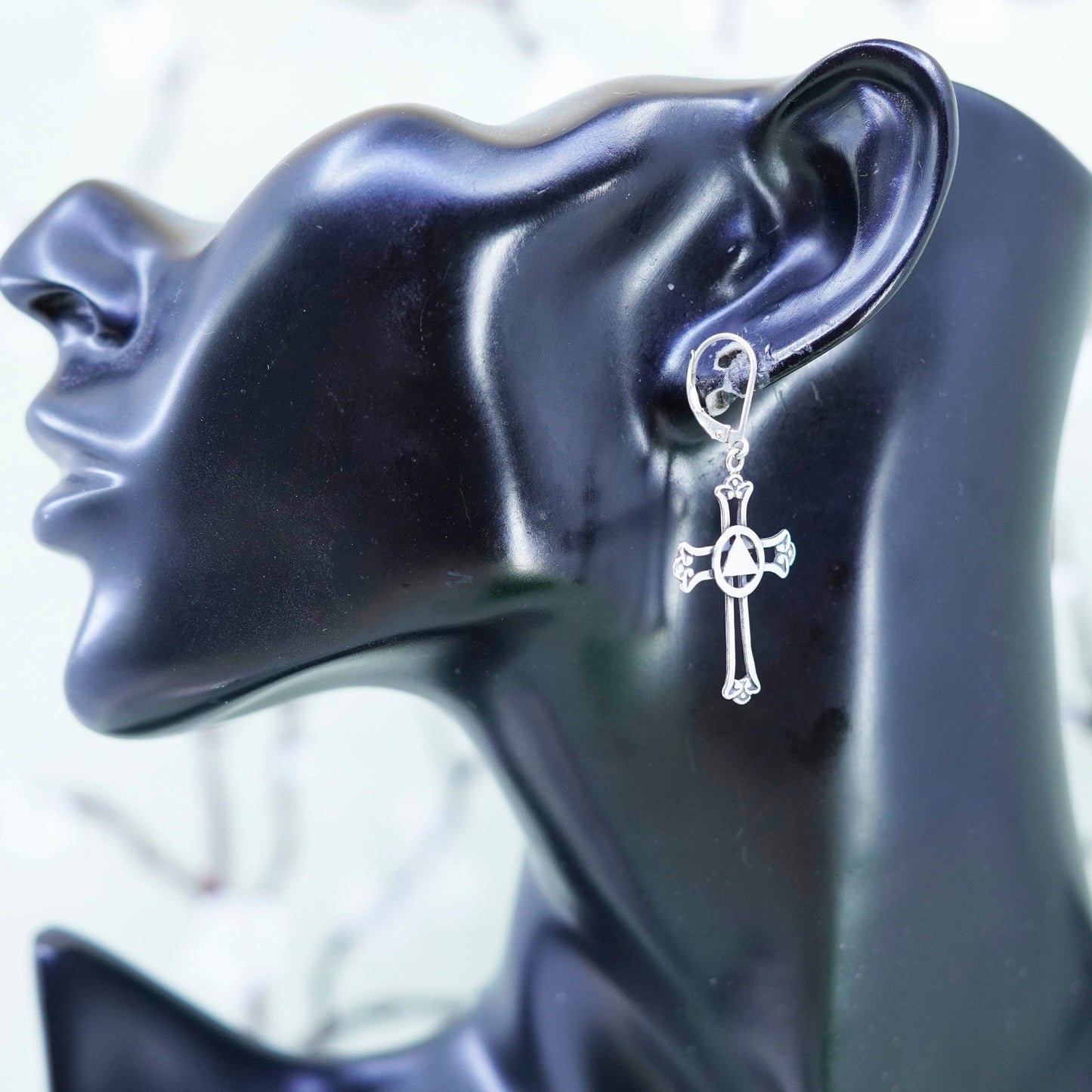Vintage Sterling silver handmade earrings, 925 cross with peace sign, cute