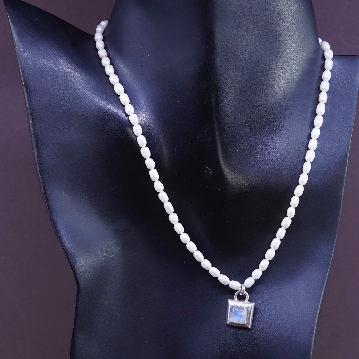 14", Sterling silver handmade necklace, 925 pendant w/ moonstone N pearl bead