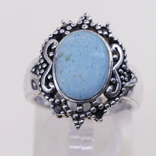 Sz 8, Vtg Sterling Silver Handmade Ring W/ Oval Turquoise N Beads, Stamped 925