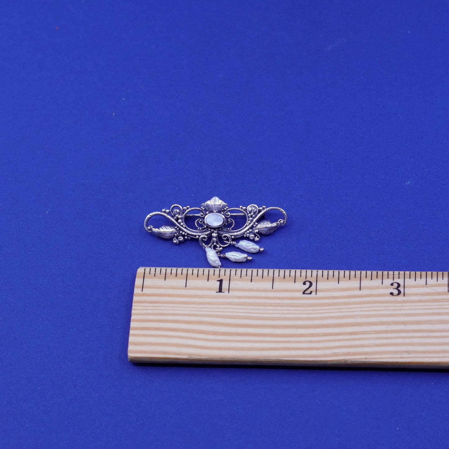 Sterling silver long brooch, 925 bali pin with mother of pearl and pearl charms