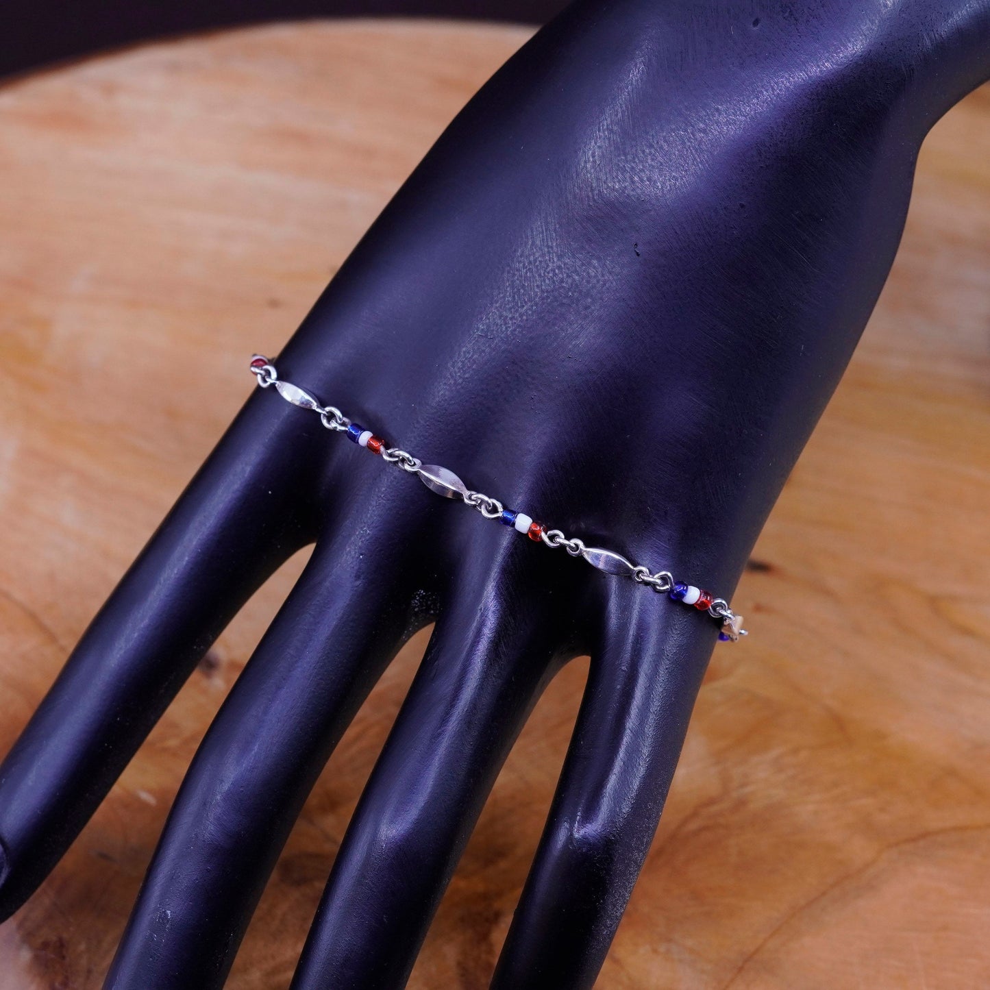 9.25”, vintage Sterling 925 silver handmade bracelet anklet w/ beads and nugget