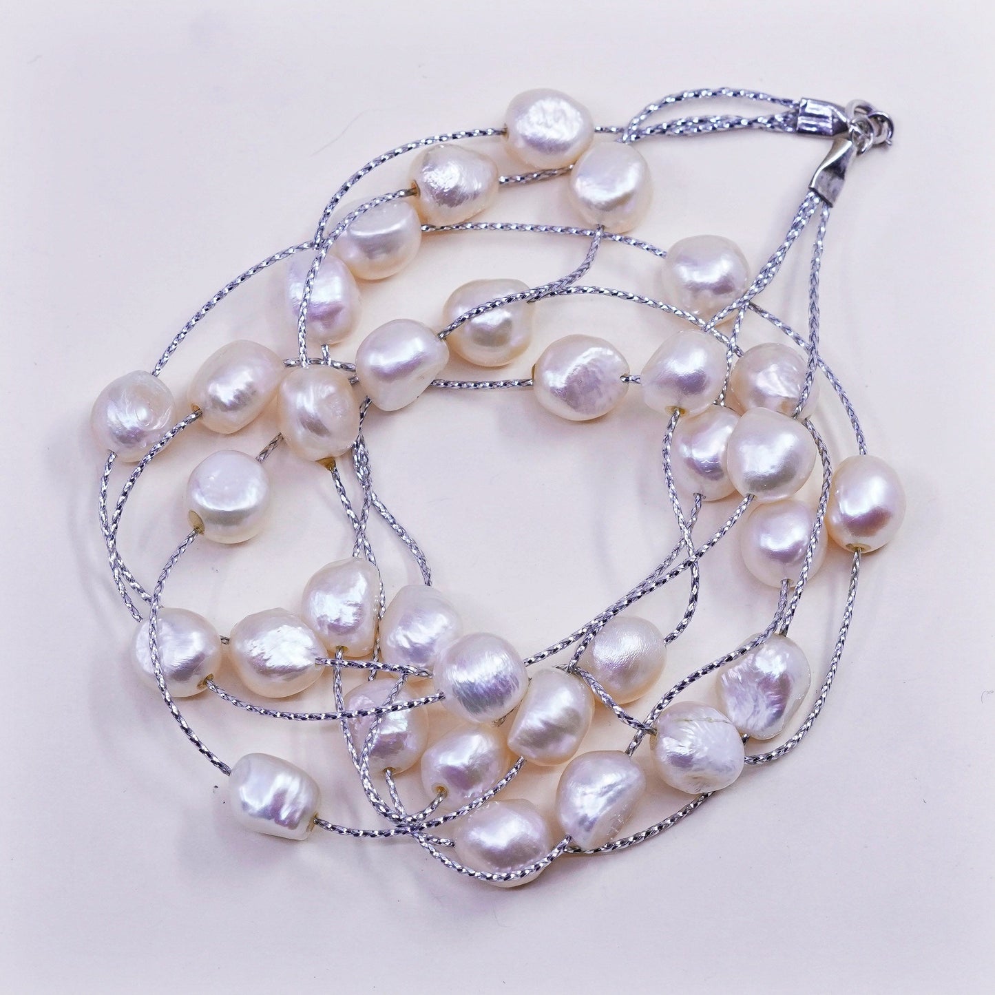 17”, Vintage handmade multi strands Sterling silver wheat chain pearl beads