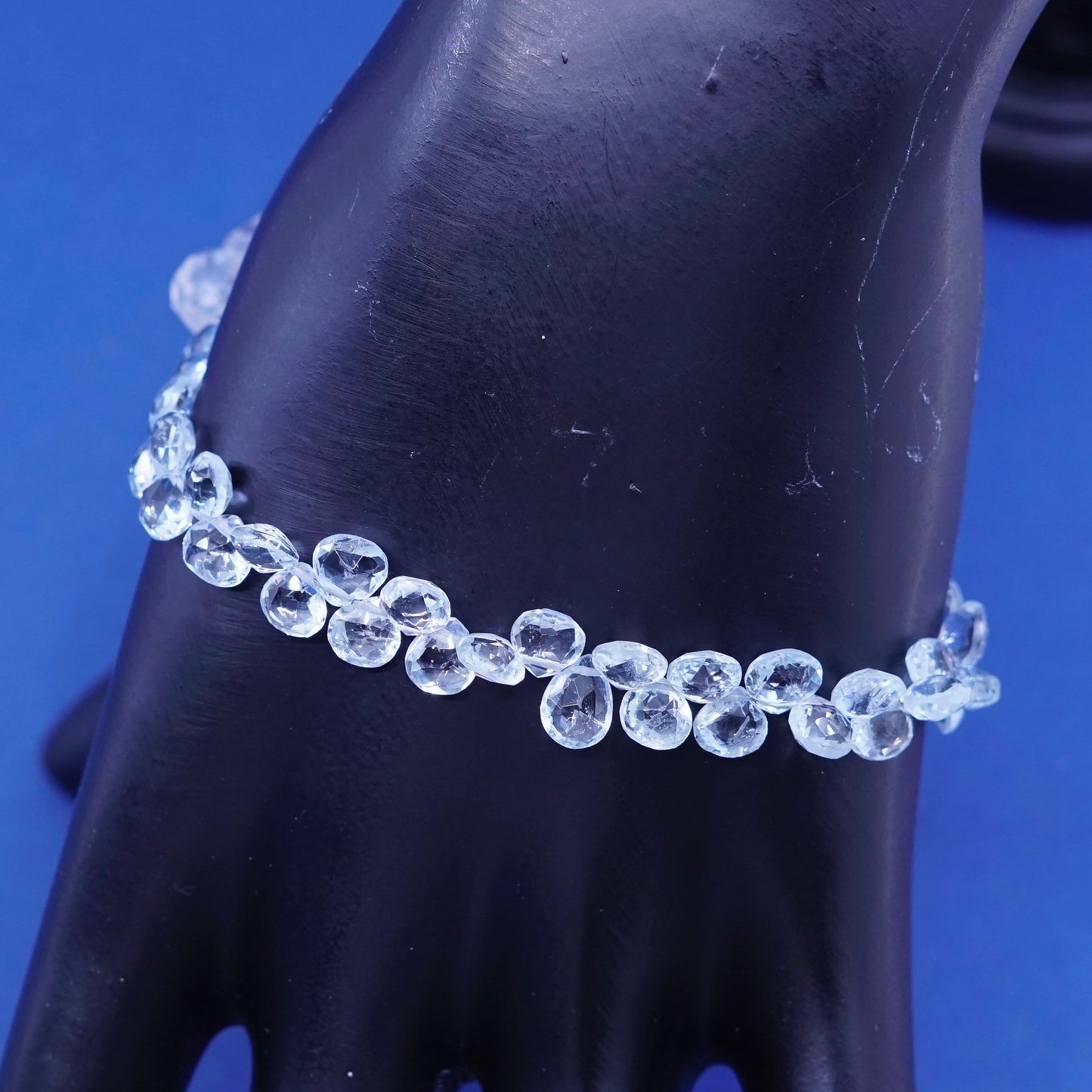 7.5”, sterling silver handmade bracelet, 925 toggle closure blue crystal beads