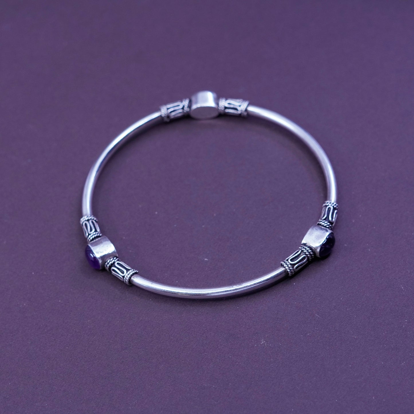 8.25”, southwestern Sterling silver handmade bracelet, 925 bangle with amethyst