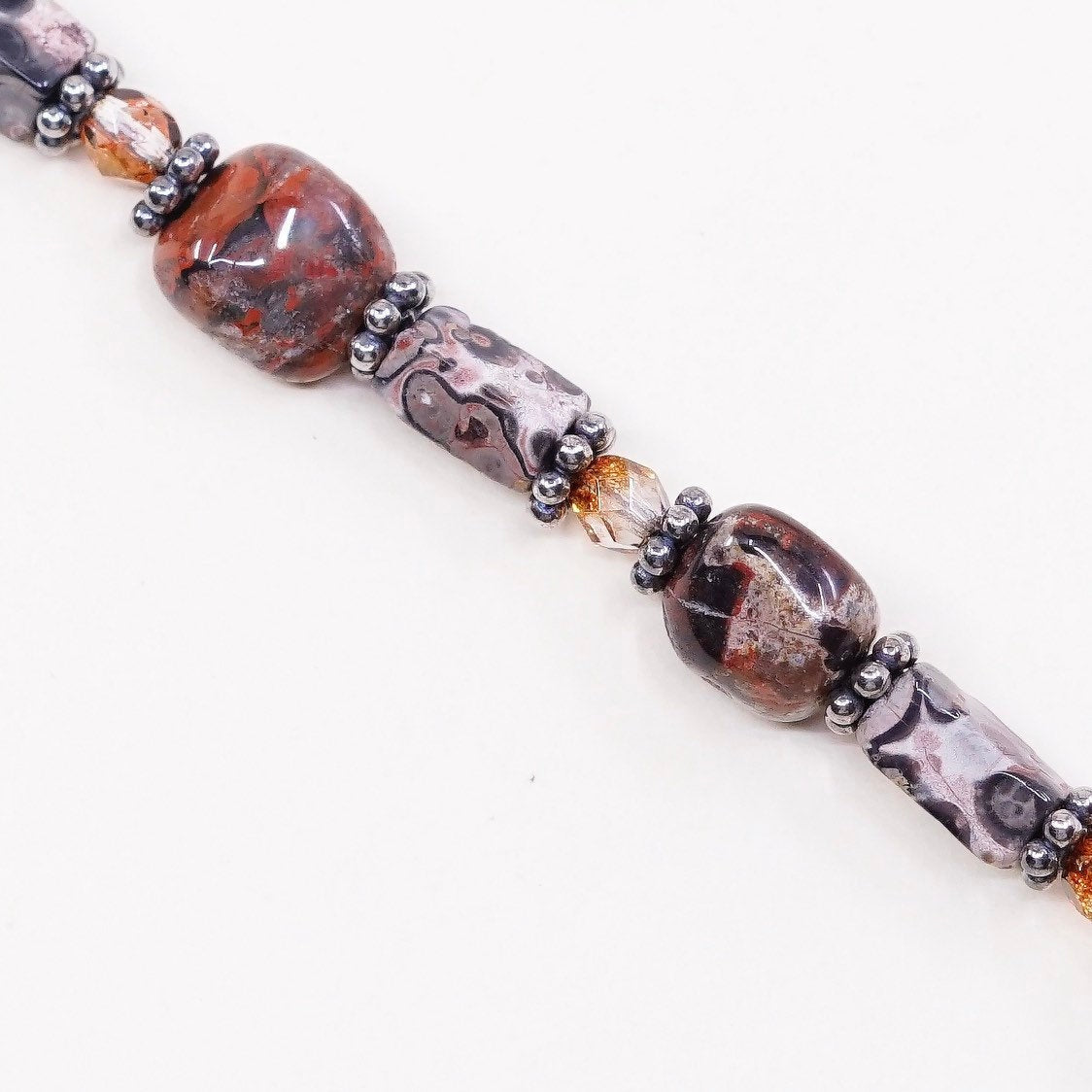 7", handmade vintage Jasper beads bracelet, with Sterling silver closure