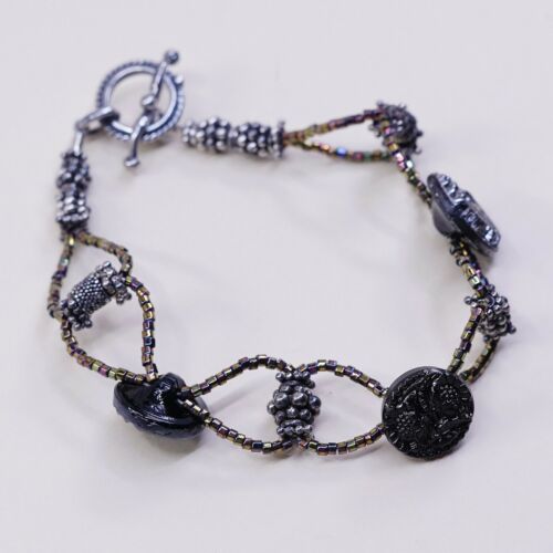7.25”, Vtg Sterling Silver Handmade Bracelet, 925 Silver Toggle W/ Beads