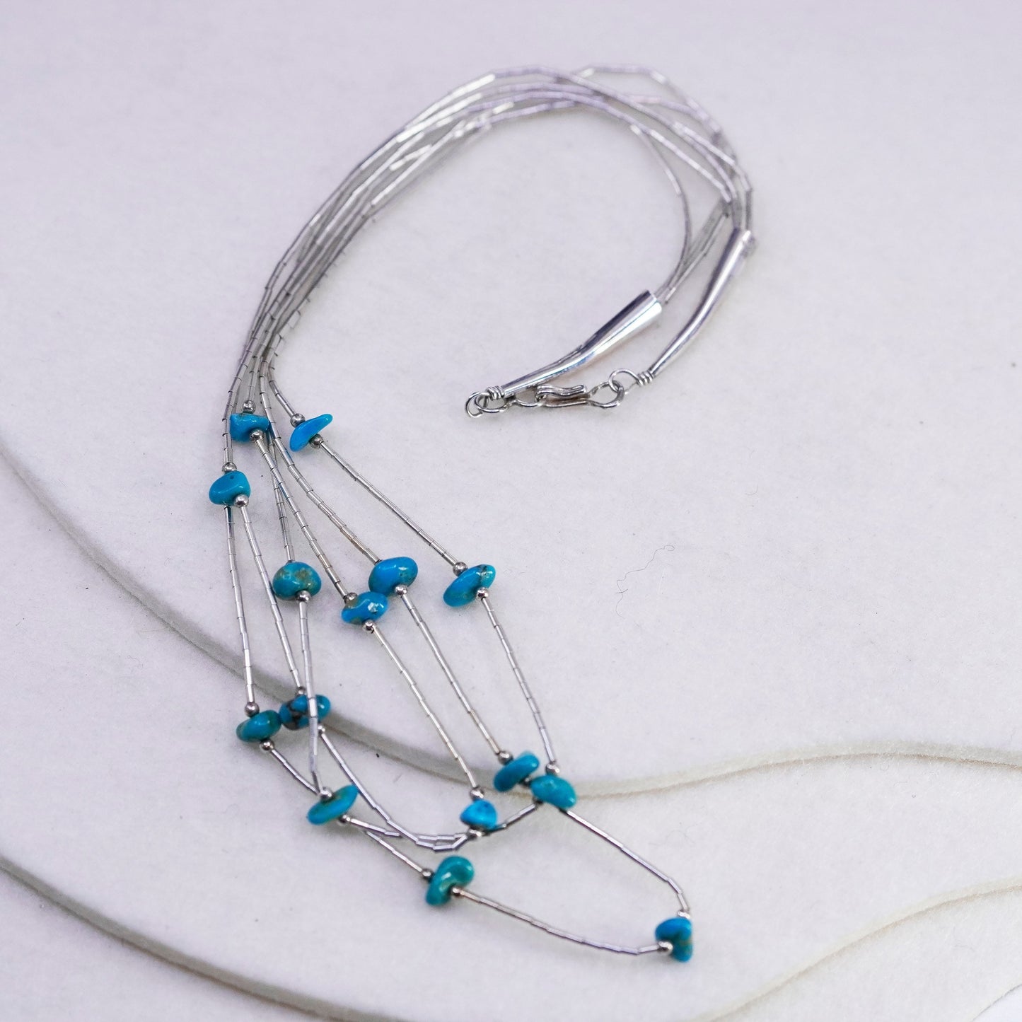 18”, liquid Sterling 925 silver necklace, Native American turquoise beads