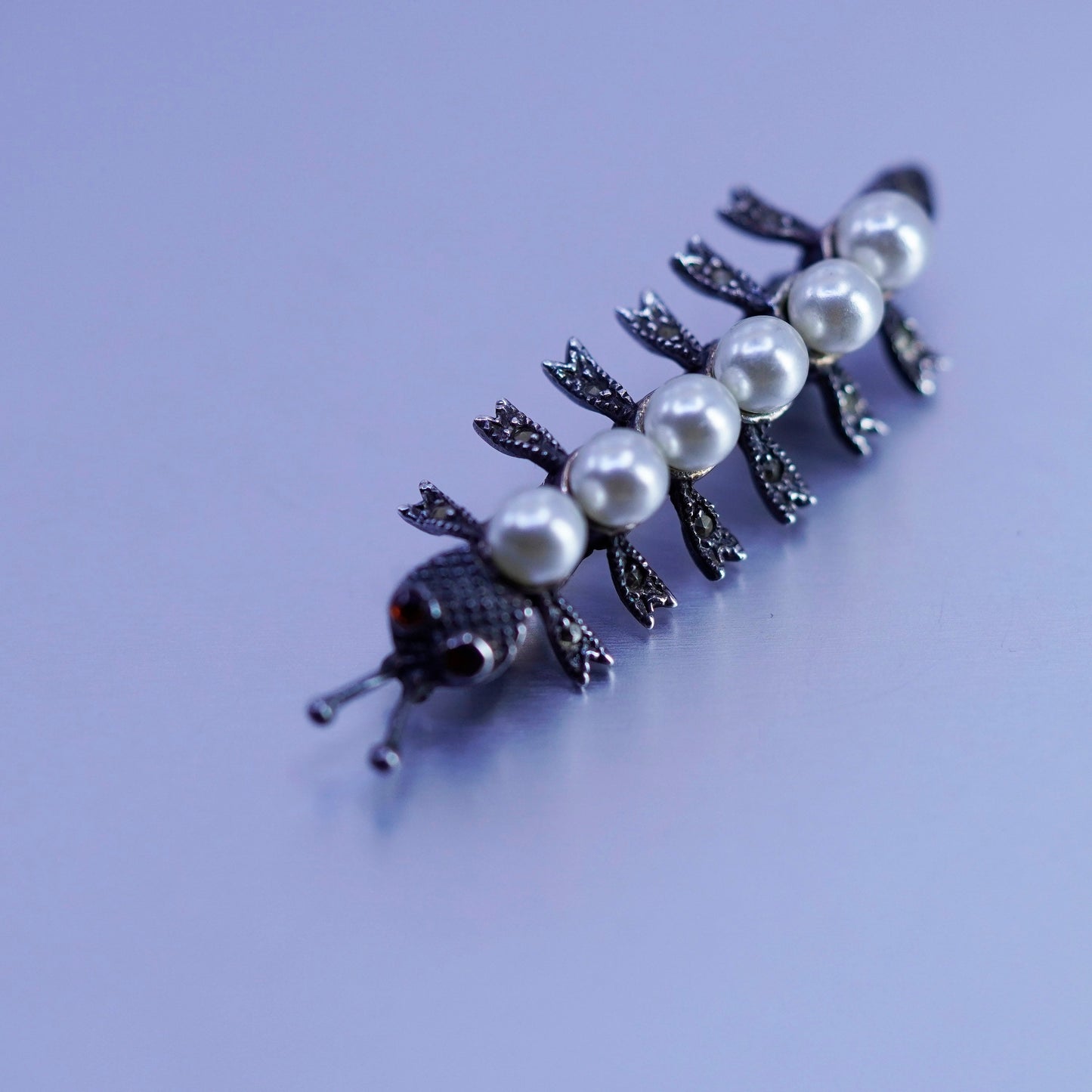 sterling silver handmade brooch, 925 Caterpillar pin with marcasite and pearl