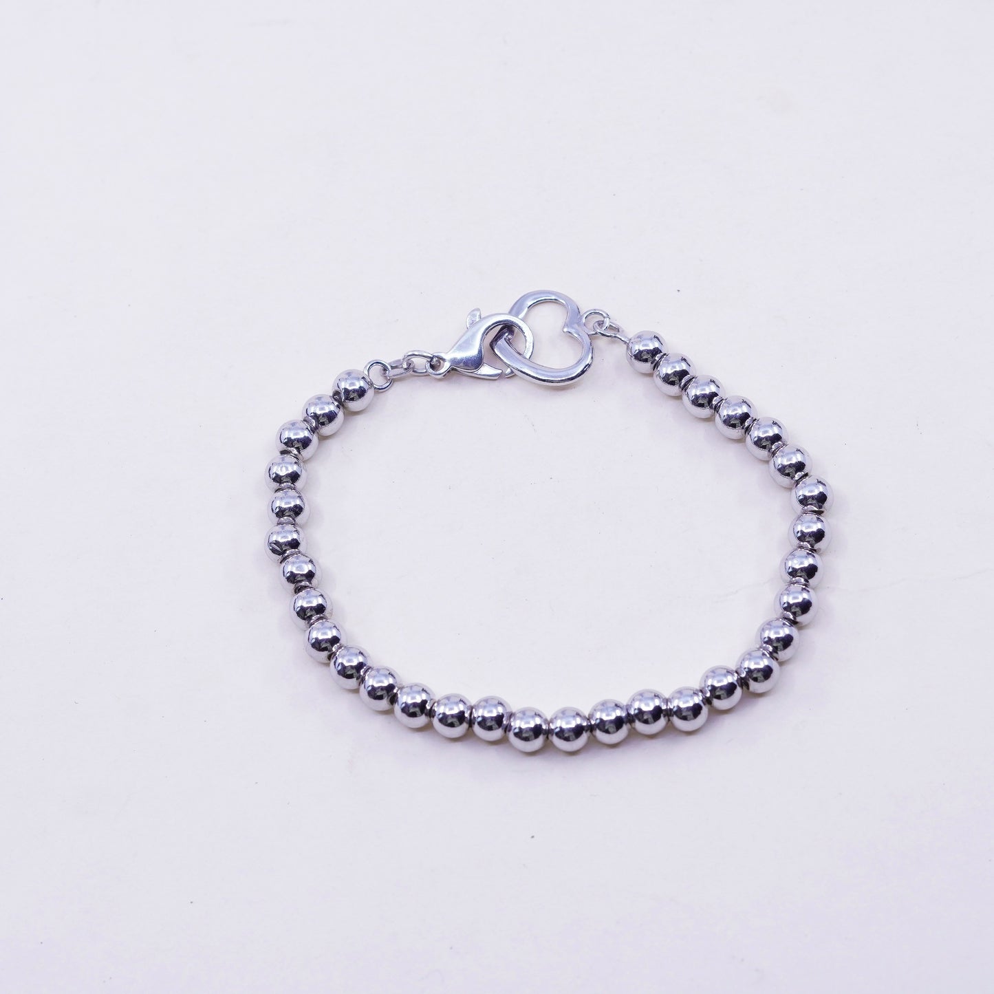 8”, 6mm, Sterling silver handmade bracelet, 925 beads chain with heart charm