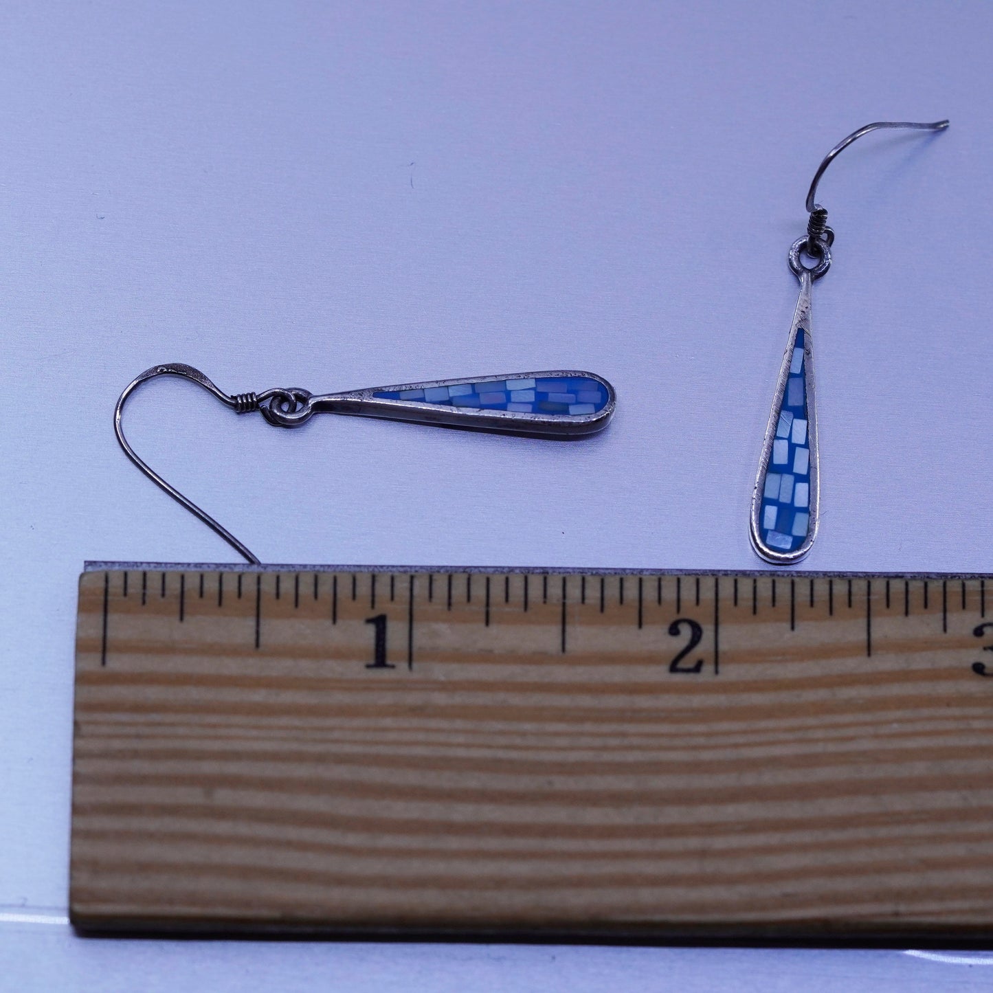 Vintage Sterling 925 silver handmade teardrop earrings w/ blue mother of pearl
