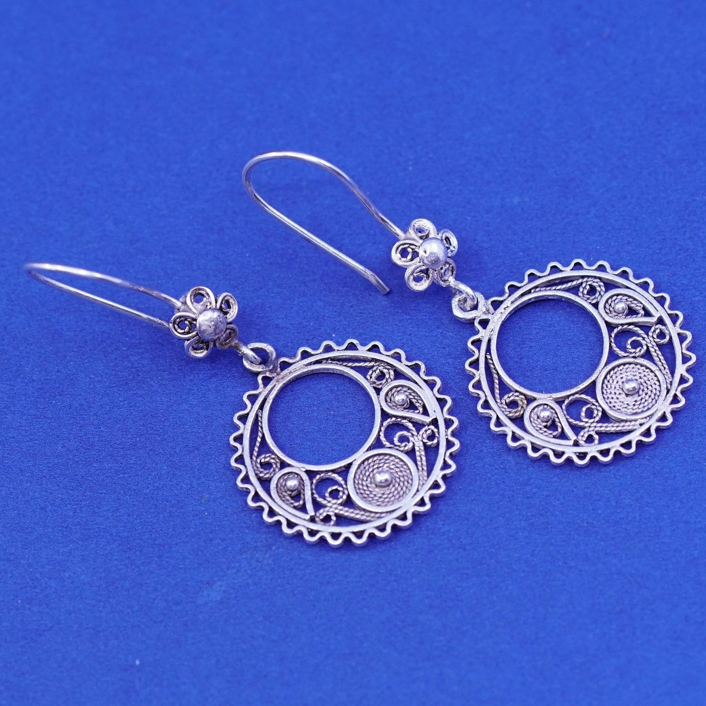 Vintage DCS sterling silver handmade earrings, 925 filigree round dangles