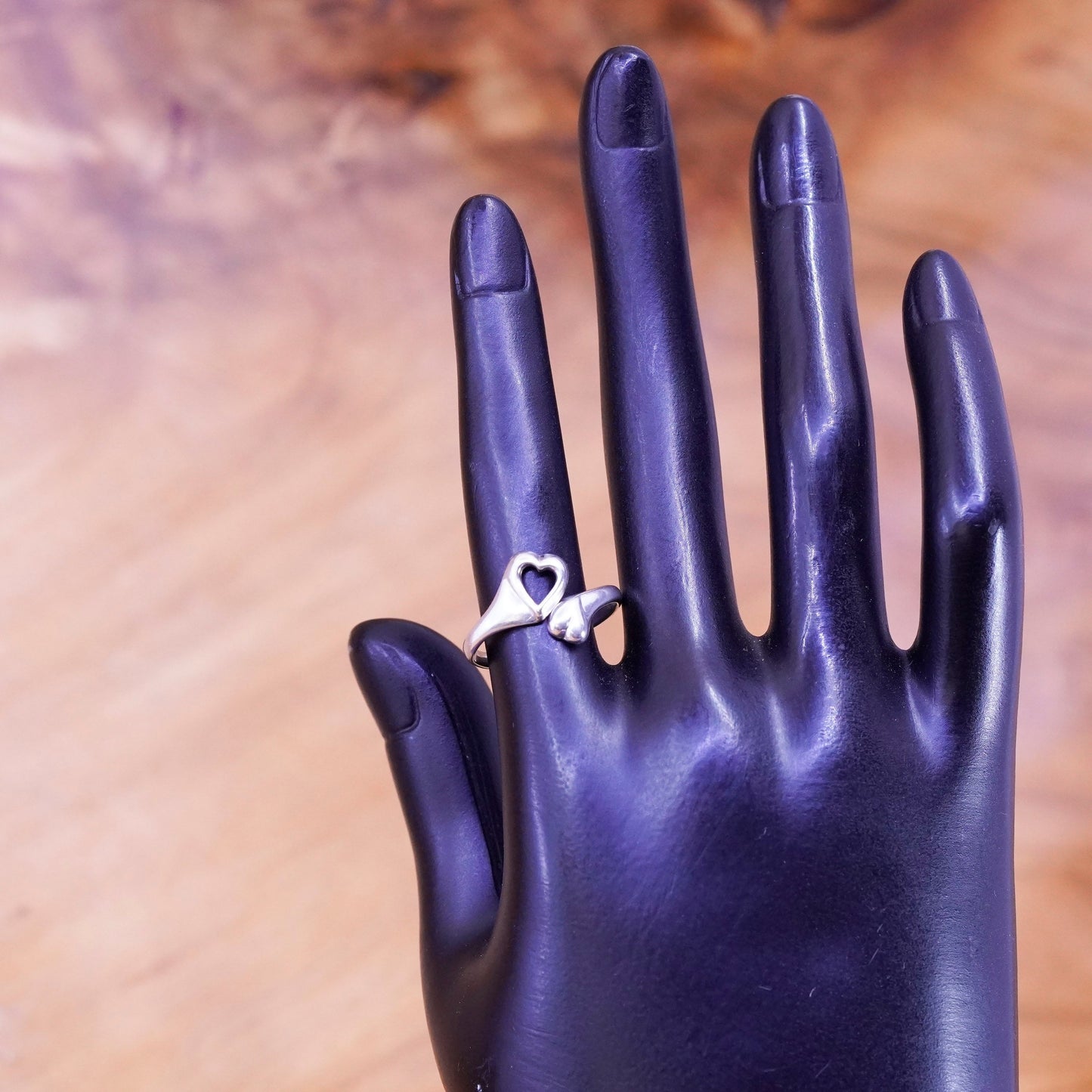 Size 9, vintage Sterling silver handmade ring, 925 wrap band with double hearts