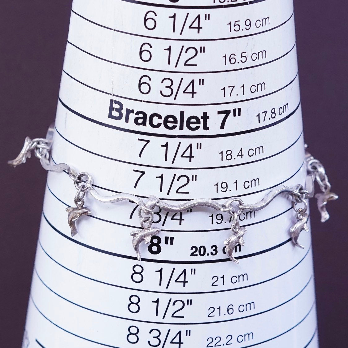 7.75"+1”, vtg Sterling silver bracelet, Italy 925 wavy bar n dolphin charms