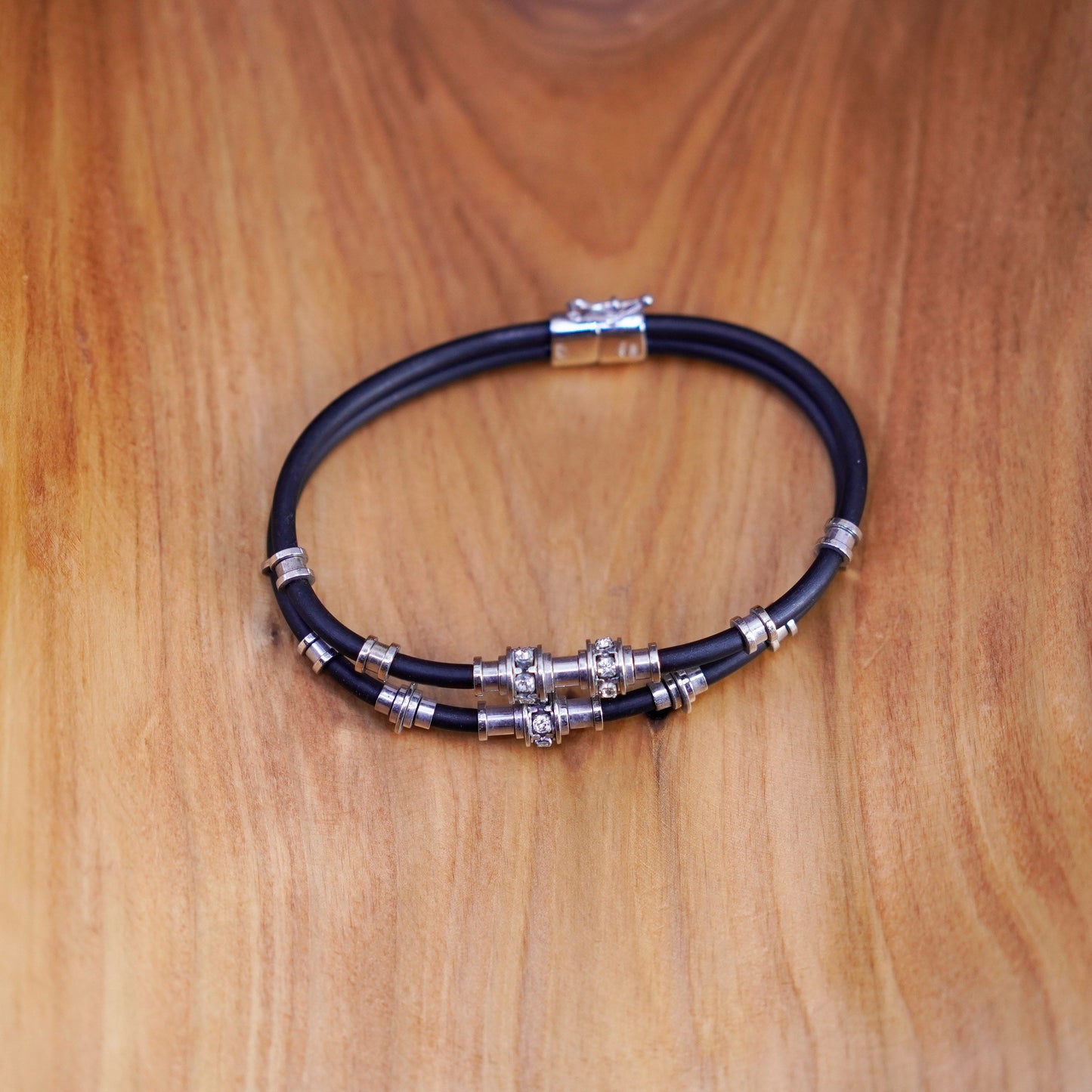 7”, double strands black rubber bracelet sterling 925 silver tube and cz charms