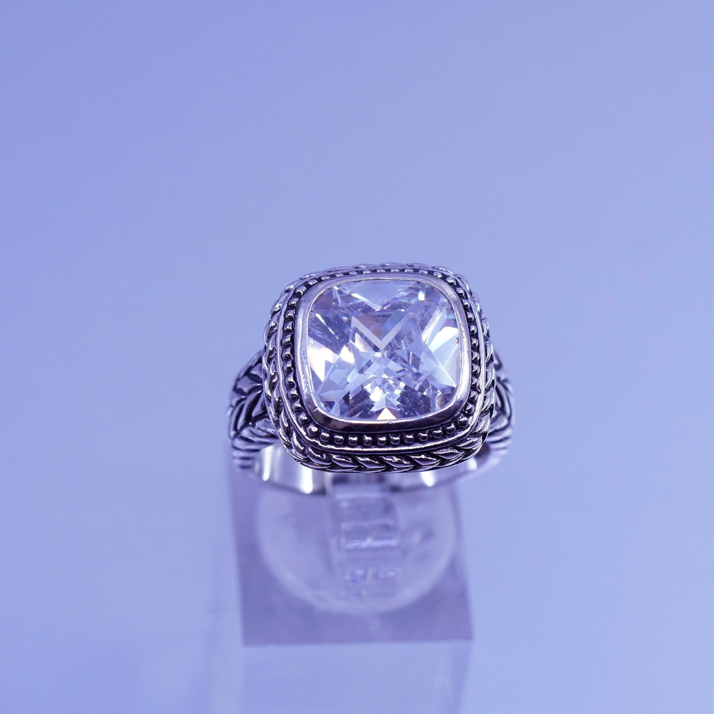 Size 9, vintage Sterling 925 silver handmade statement ring with crystal cable