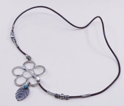 18”, Vtg Israel Sterling 925 Silver Flower Leaf Oendant W/ Leather Necklace