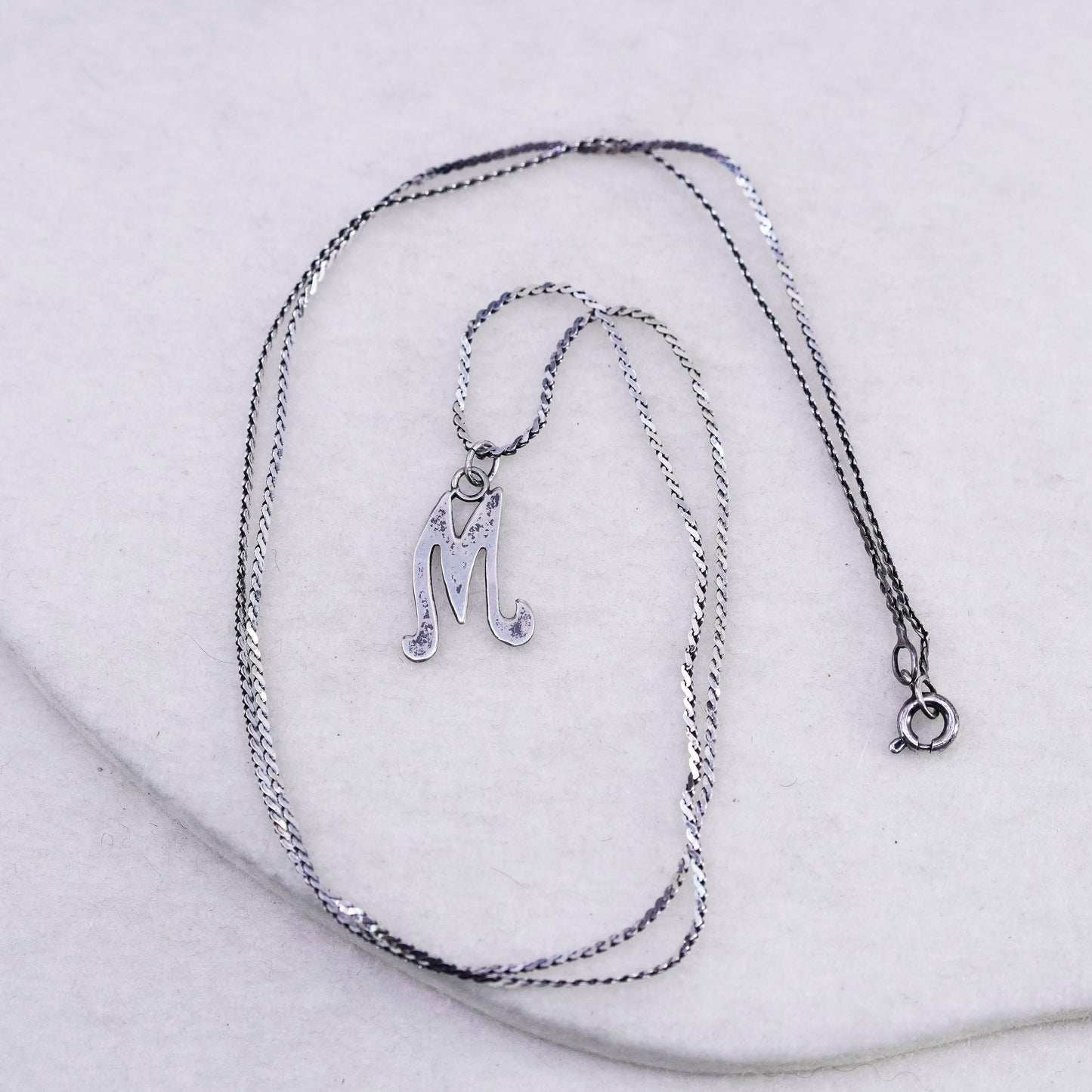 22”, vintage Sterling silver necklace, 925 s link woven chain letter M pendant