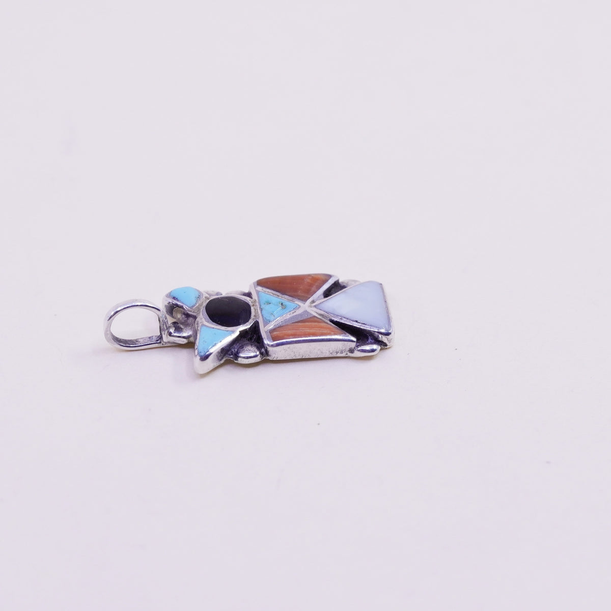 Sterling silver pendant, Navajo 925 runner bird turquoise coral mother of pearl