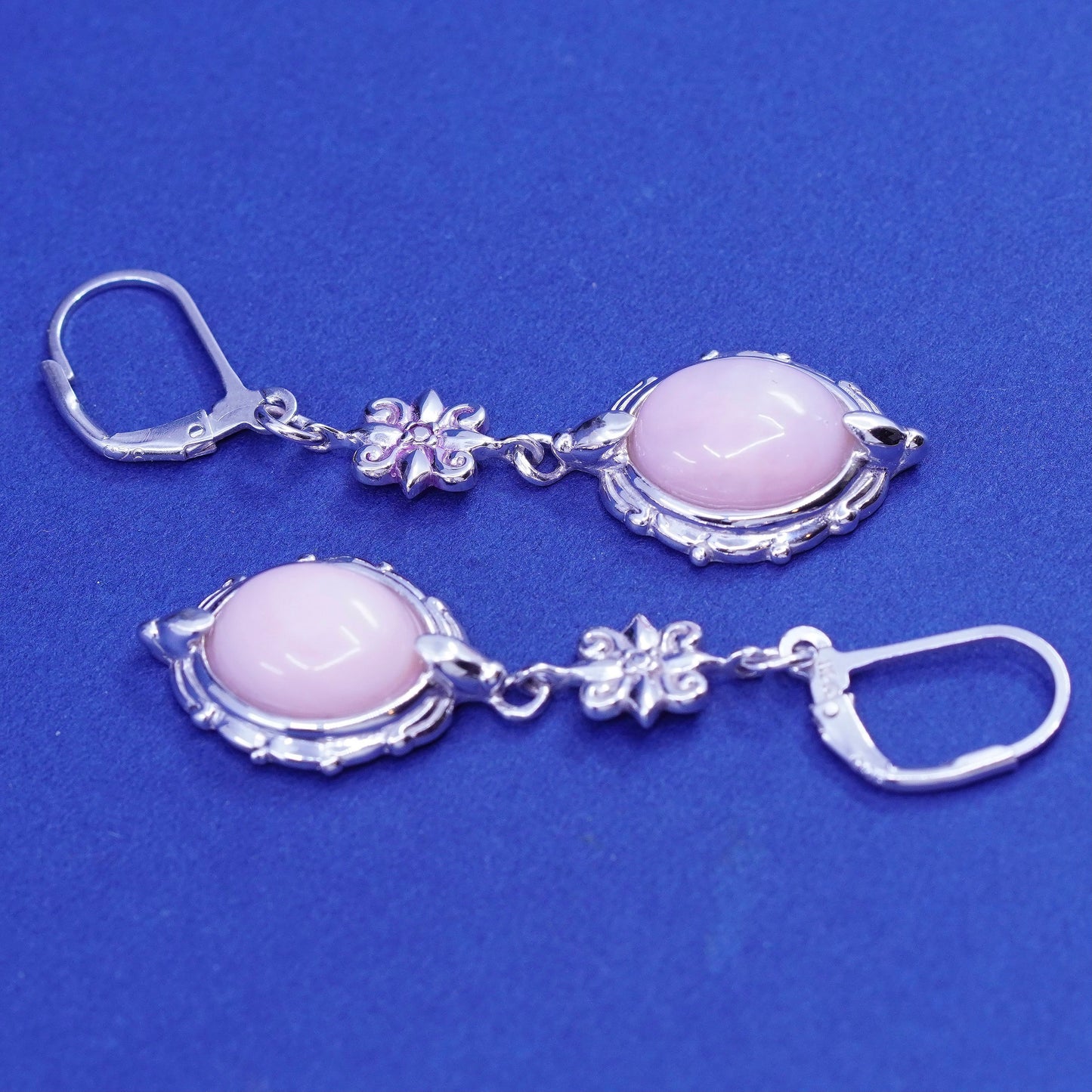 Vintage BBJ Sterling 925 silver handmade earrings with rose quartz and flower