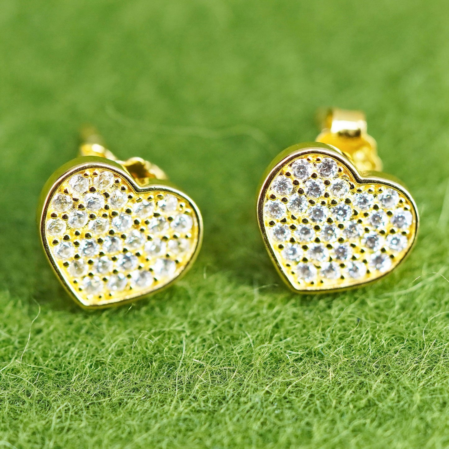 Vintage vermeil gold over Sterling silver earrings, 925 heart studs with cz