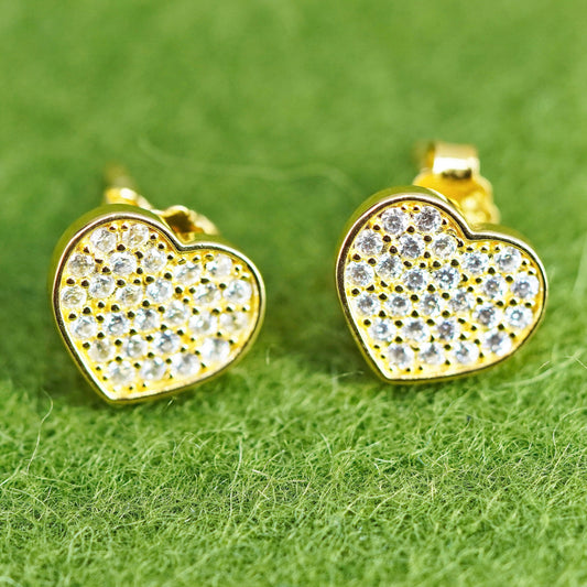 Vintage vermeil gold over Sterling silver earrings, 925 heart studs with cz