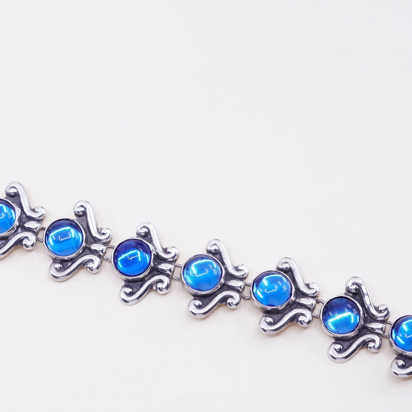 7.25”, vtg 50s lopez Sterling silver handmade bracelet, taxco 925 silver flower