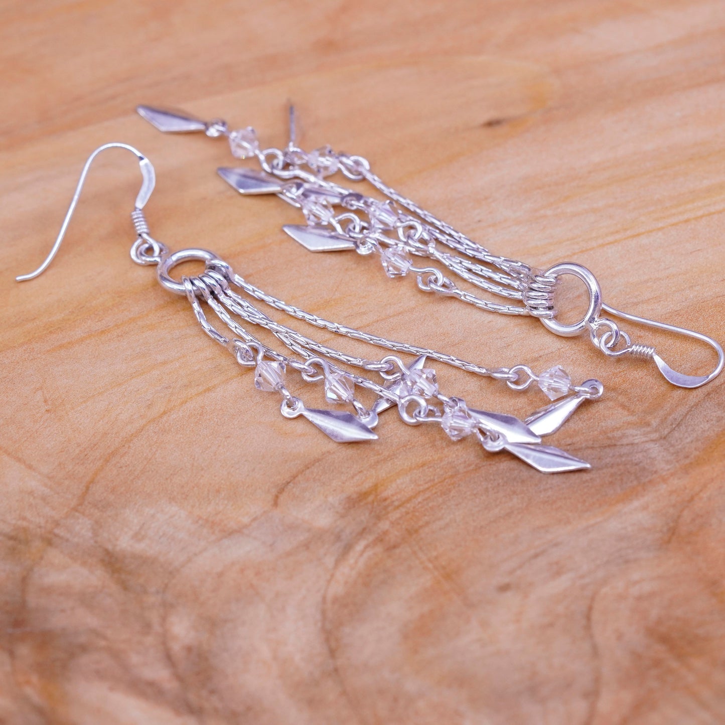 Vintage Sterling 925 silver handmade earrings with crystal and fringe dangles