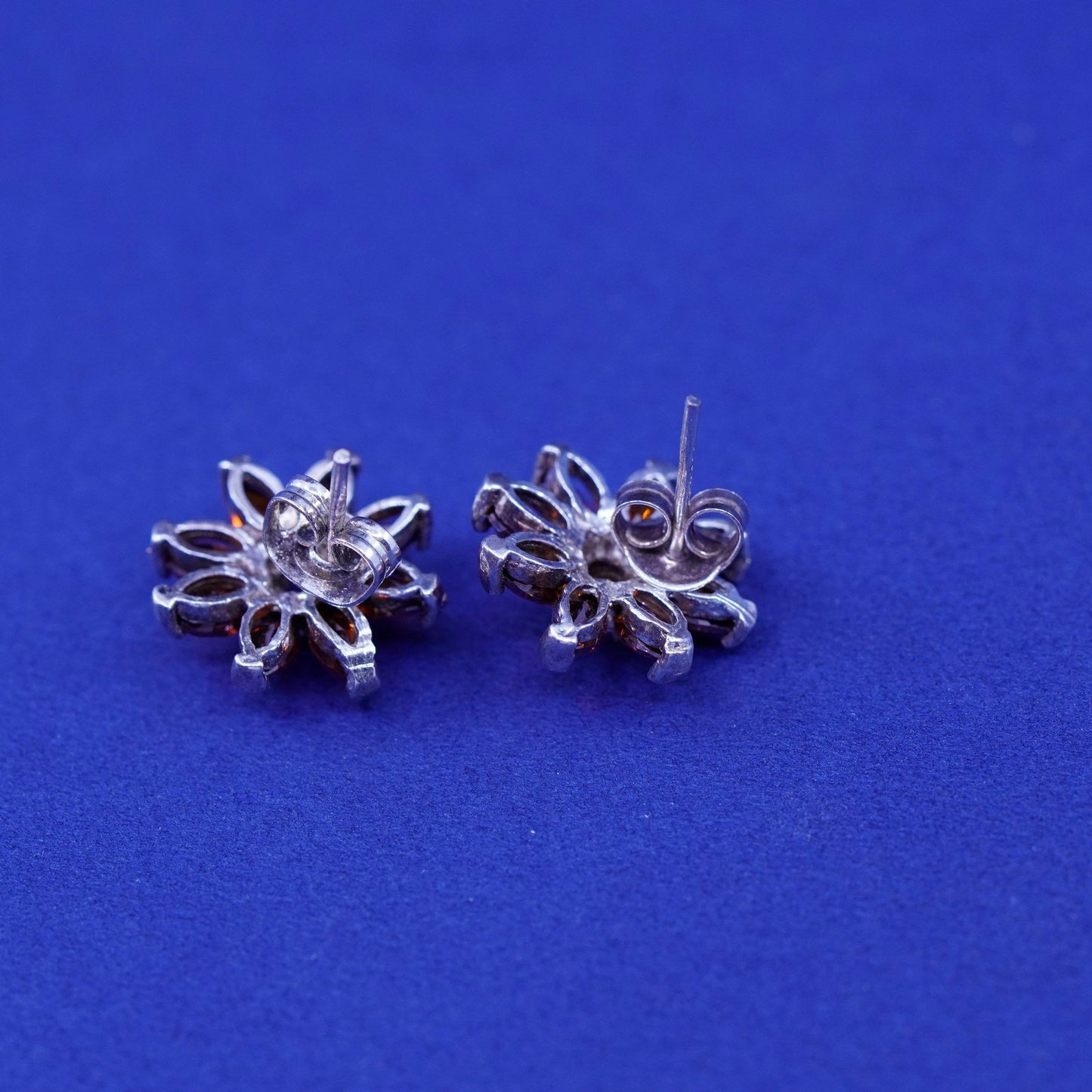 Vintage Sterling silver handmade earrings, 925 flower studs with ruby